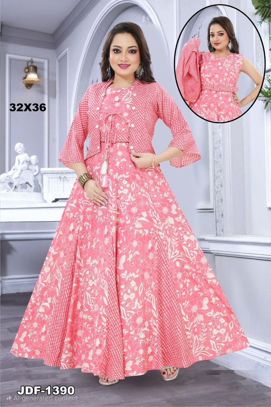 Graceful Pink Floral Anarkali Gown with Shrug – Style JDF-1390 (Size: 32X36)