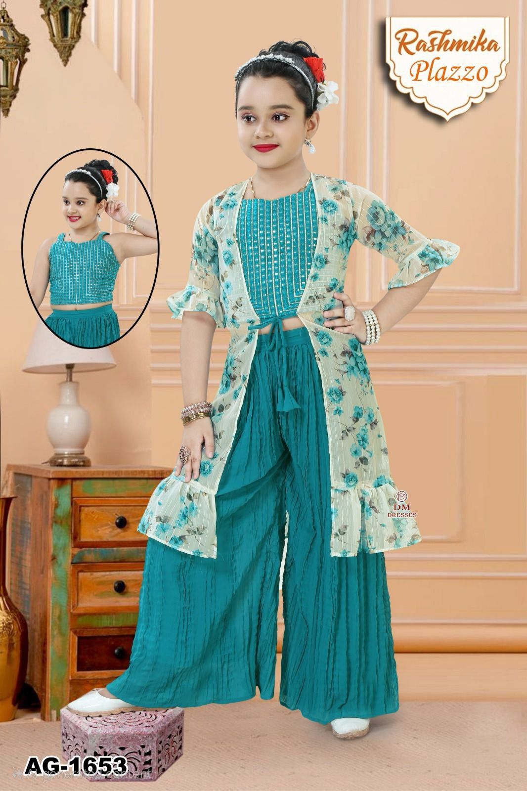 Chic Floral Rashmika Plazzo Set for Girls – Style AG-1653